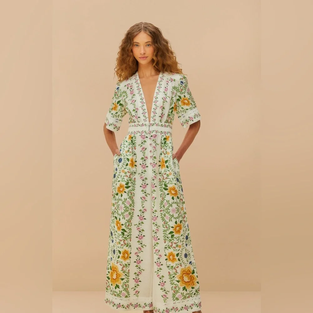 Farm Rio Anthropologie Folk Floral Linen Blend Short Sleeve Jumpsuit Medium - Picture 2 of 8